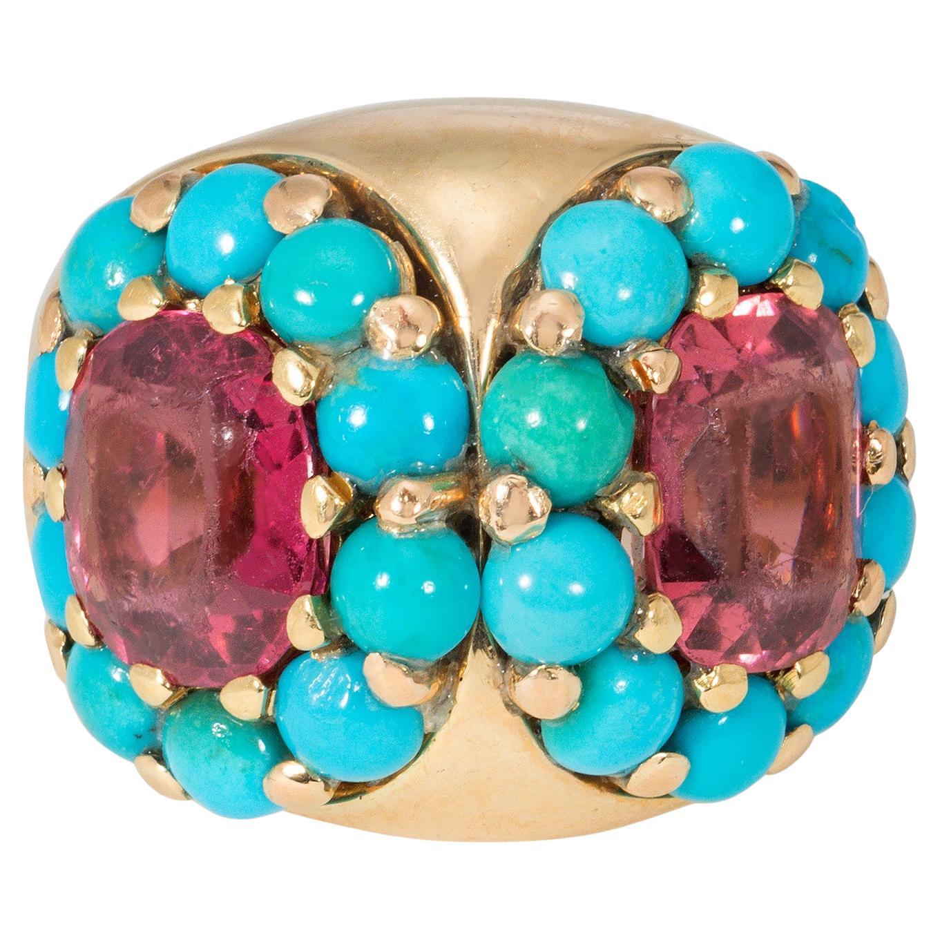 Retro Gold, Pink Tourmaline, and Turquoise Double Cluster Cocktail Ring