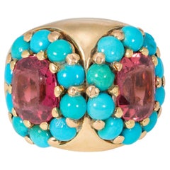 Vintage Gold, Pink Tourmaline, and Turquoise Double Cluster Cocktail Ring