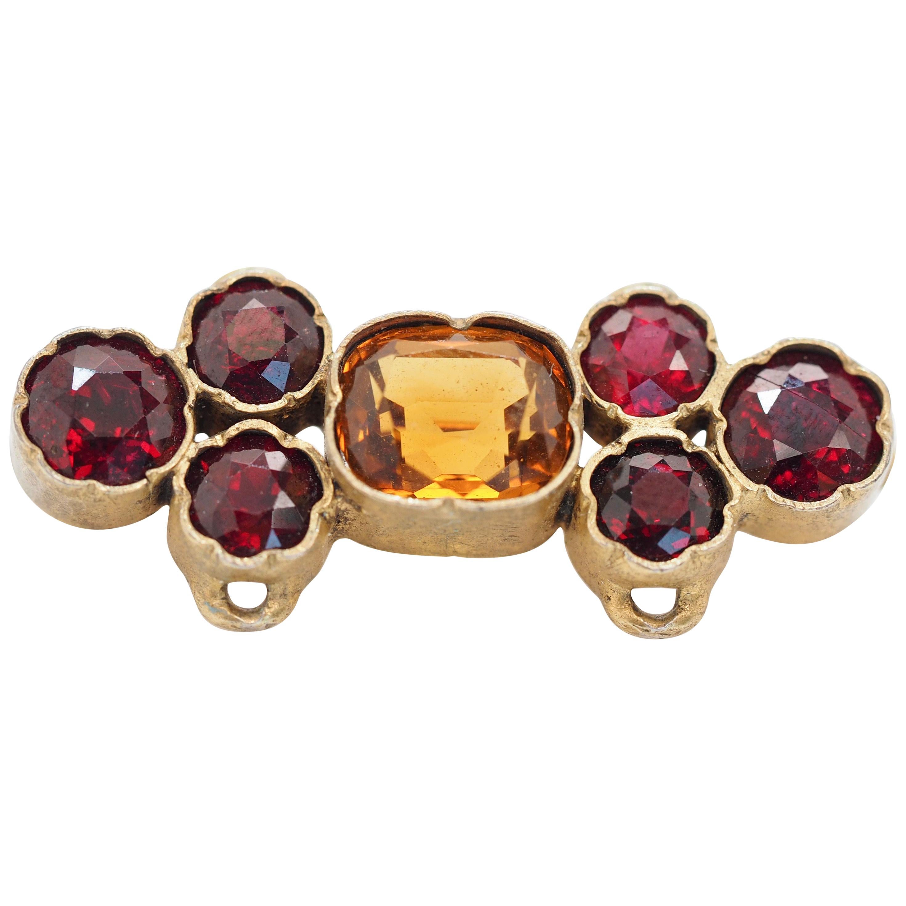 Retro Gold-Plated Brooch/Sliding Pendant with Citrine and Rhodolite Garnets