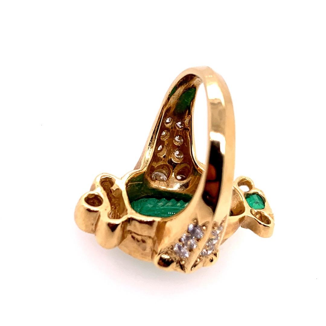 Retro Gold Ring 6 Carat Natural Carved Emerald, Diamond Cocktail Ring circa 1950 For Sale 4