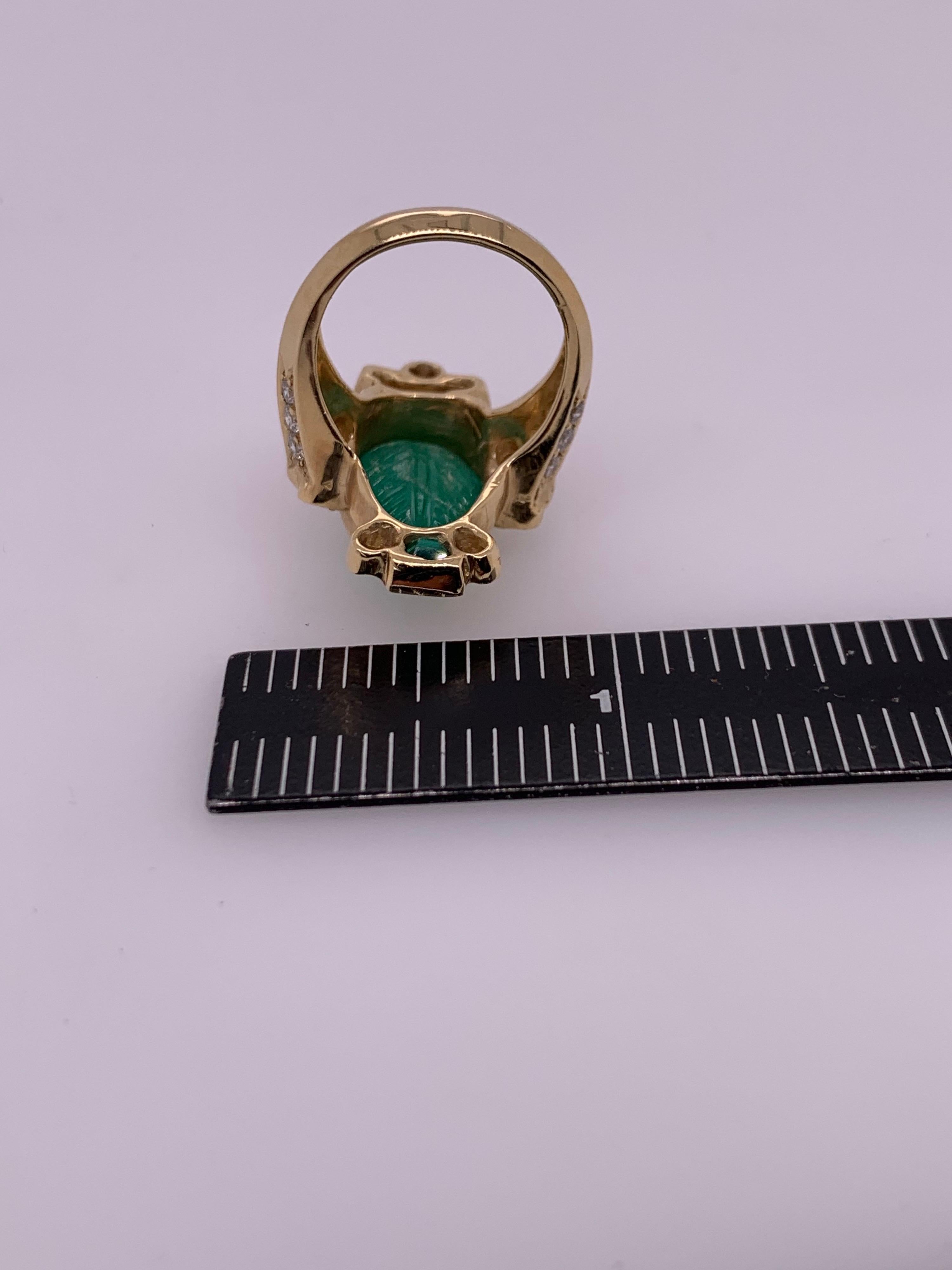 Retro Gold Ring 6 Carat Natural Carved Emerald, Diamond Cocktail Ring circa 1950 For Sale 6