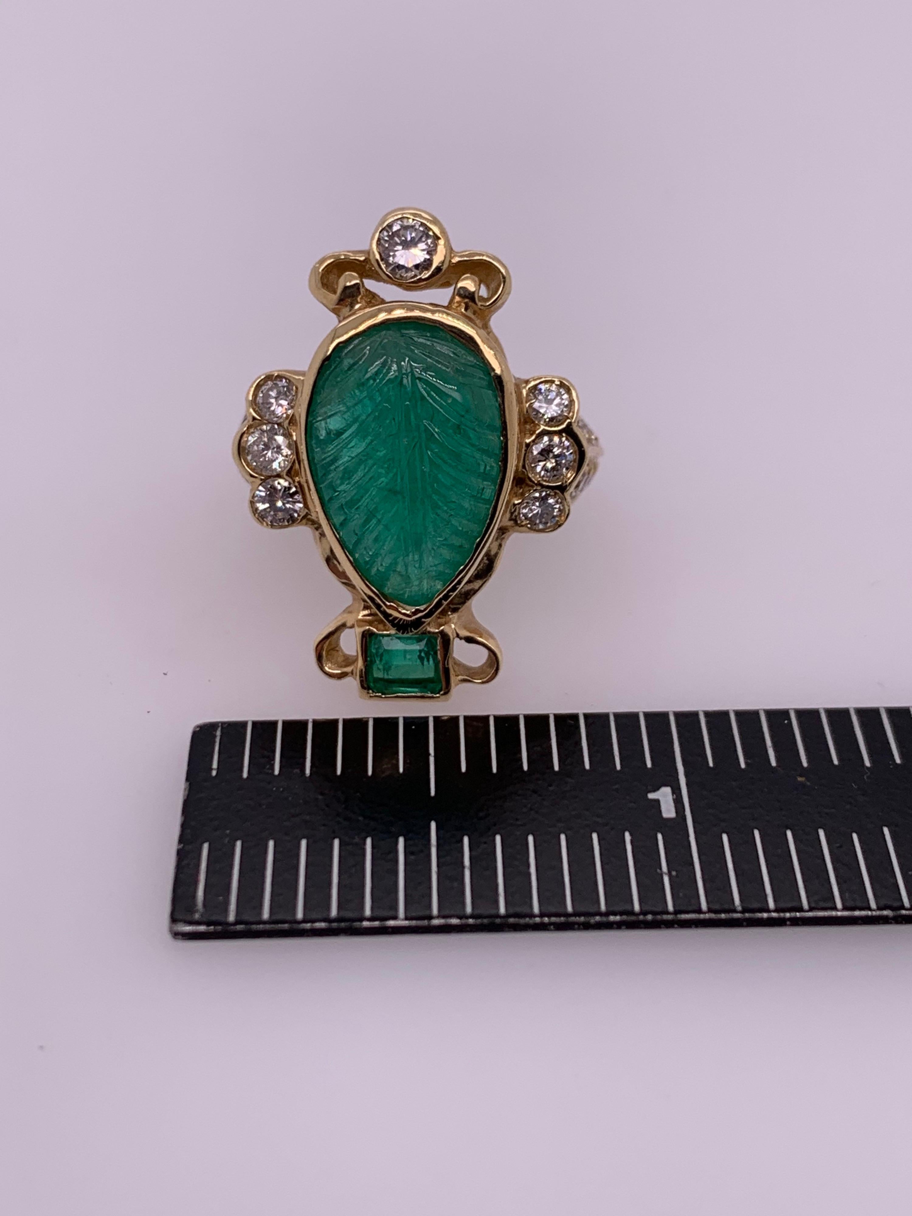 Retro Gold Ring 6 Carat Natural Carved Emerald, Diamond Cocktail Ring circa 1950 For Sale 7