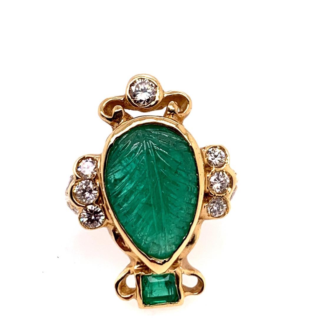 Retro 14k Yellow Gold Ring 6 Carat Natural Carved Emerald & Diamond Cocktail Ring. Emerald and diamond weights are approximate. 

The 19 Natural Round Brilliant Diamonds are approximately F in color, SI-VS in clarity, totaling 1.25 carats.

The