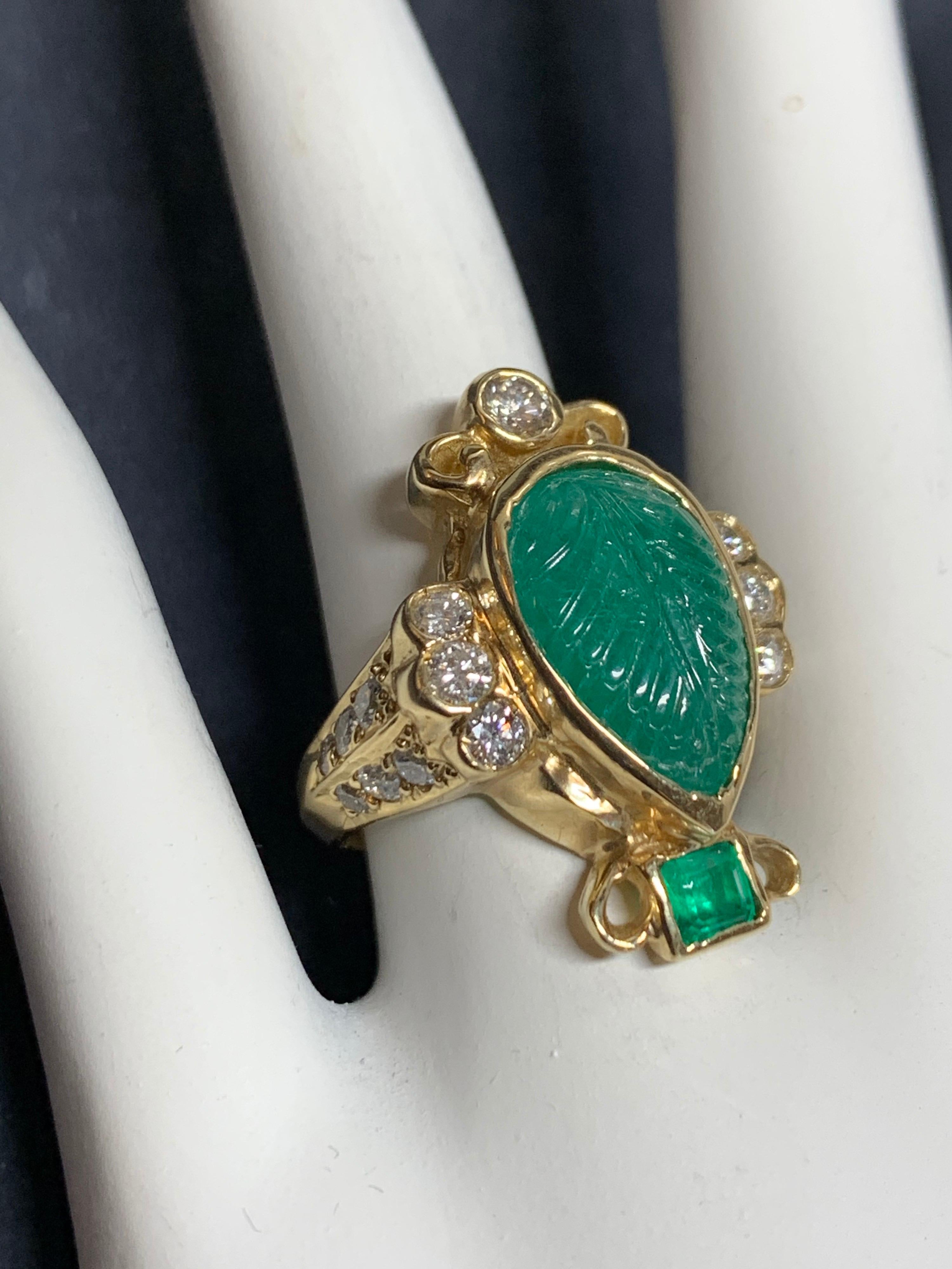 Retro Gold Ring 6 Carat Natural Carved Emerald, Diamond Cocktail Ring circa 1950 In Good Condition For Sale In Los Angeles, CA