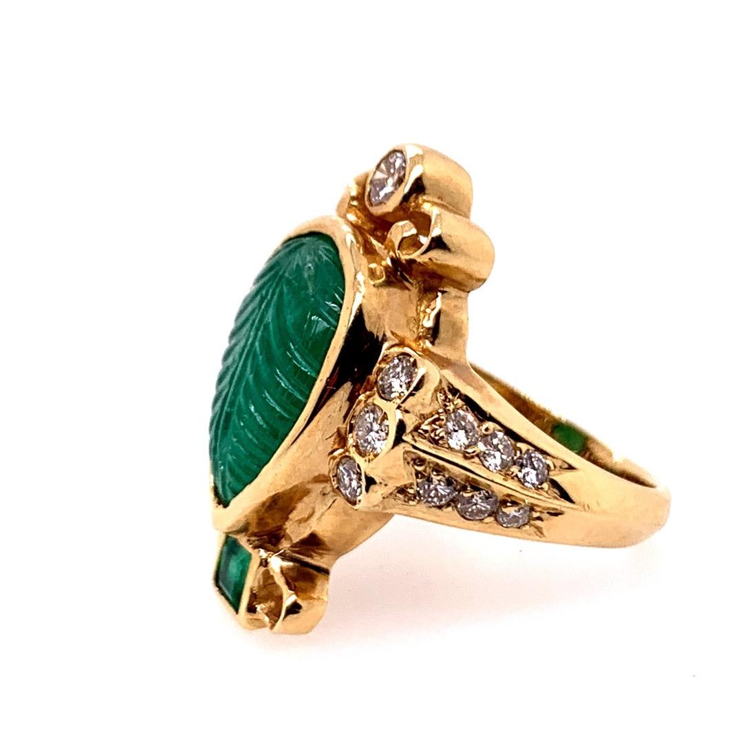 Retro Gold Ring 6 Carat Natural Carved Emerald, Diamond Cocktail Ring circa 1950 For Sale 1