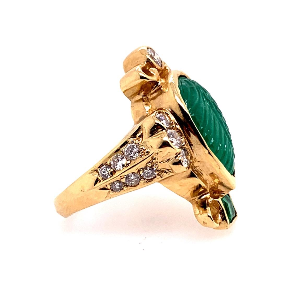 Retro Gold Ring 6 Carat Natural Carved Emerald, Diamond Cocktail Ring circa 1950 For Sale 2