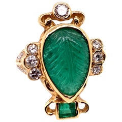 Vintage Gold Ring 6 Carat Natural Carved Emerald, Diamond Cocktail Ring circa 1950