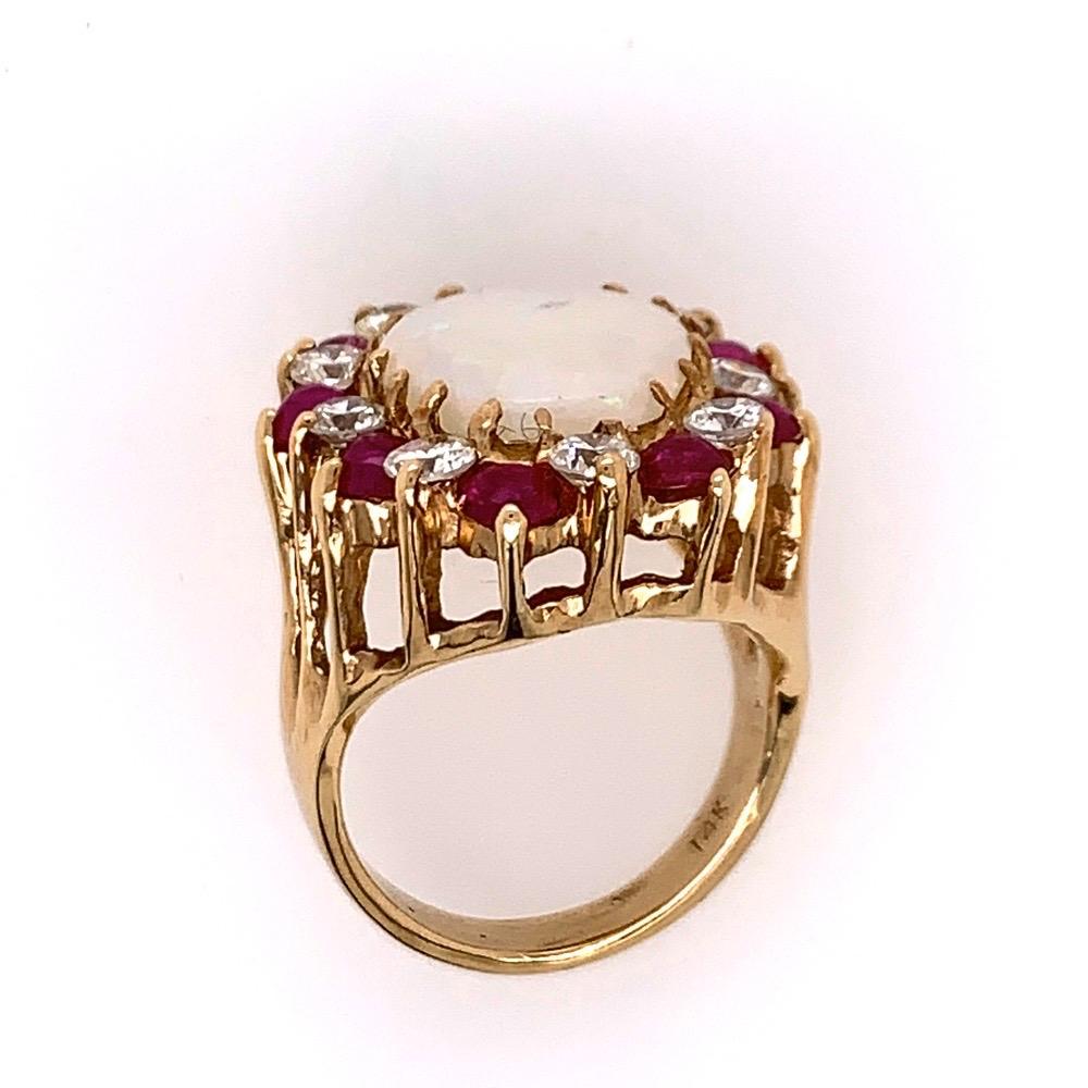 Round Cut Retro Gold Ring Approx 6.22 Carat Natural Opal Diamond Ruby Gem Stone circa 1960 For Sale