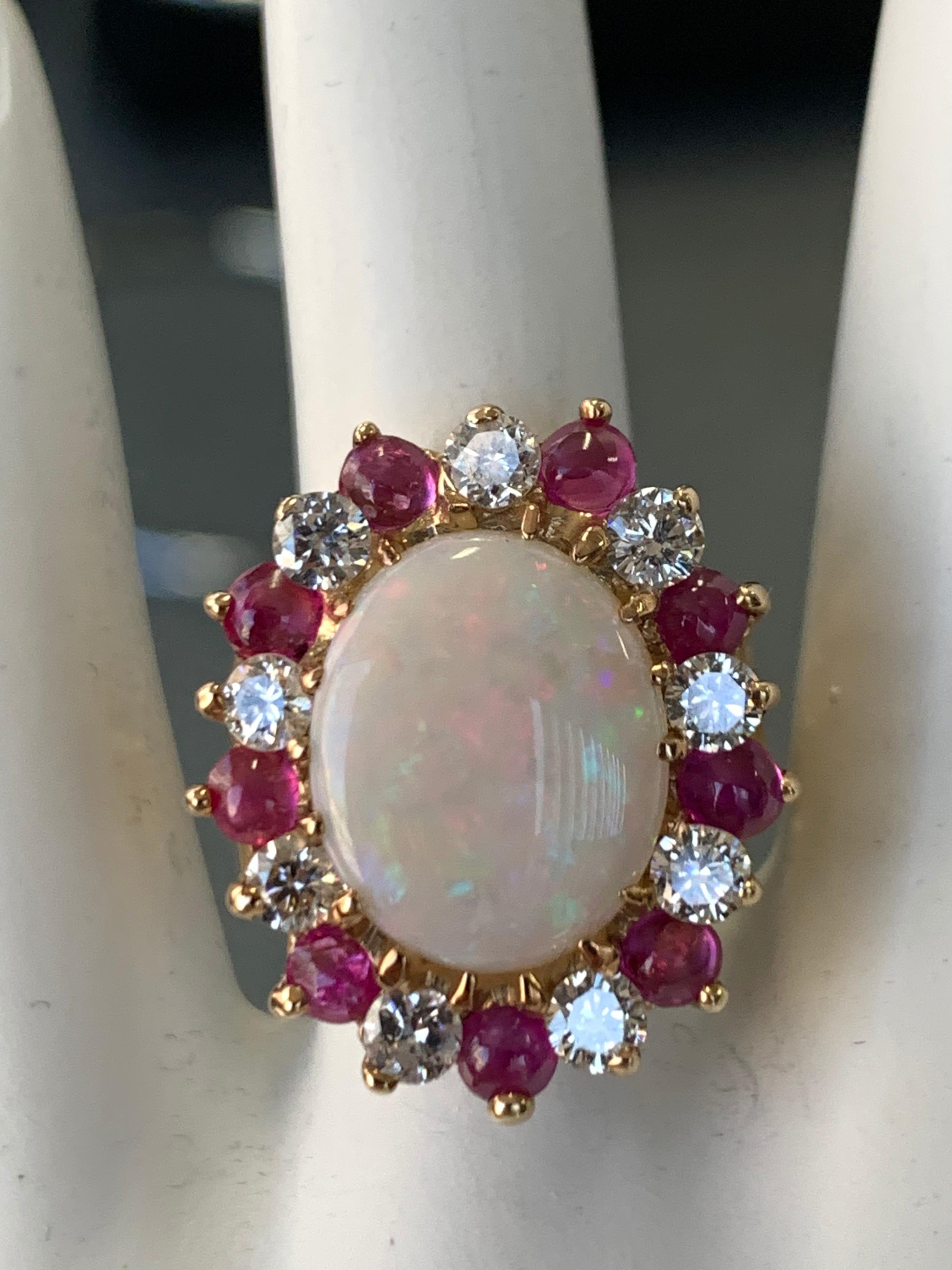 Retro Gold Ring Approx 6.22 Carat Natural Opal Diamond Ruby Gem Stone circa 1960 In Good Condition For Sale In Los Angeles, CA