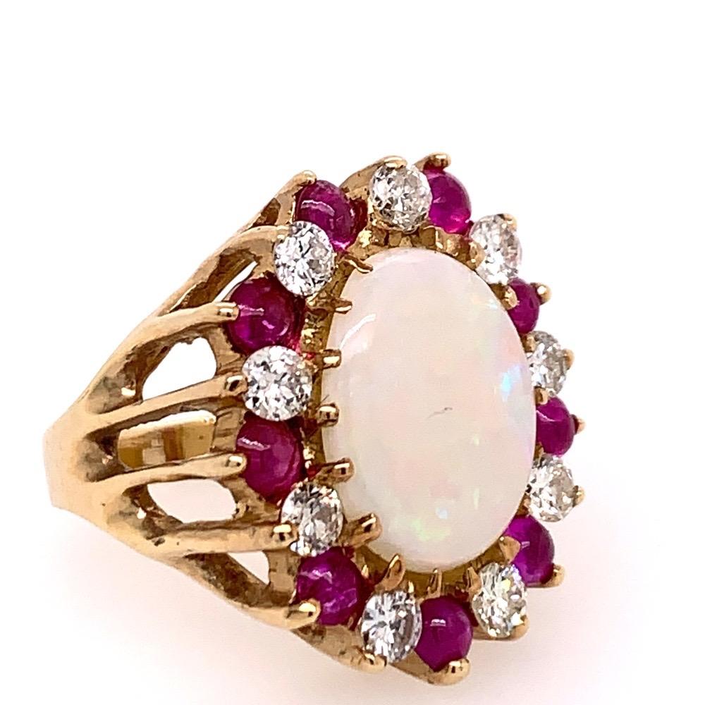 Women's Retro Gold Ring Approx 6.22 Carat Natural Opal Diamond Ruby Gem Stone circa 1960 For Sale
