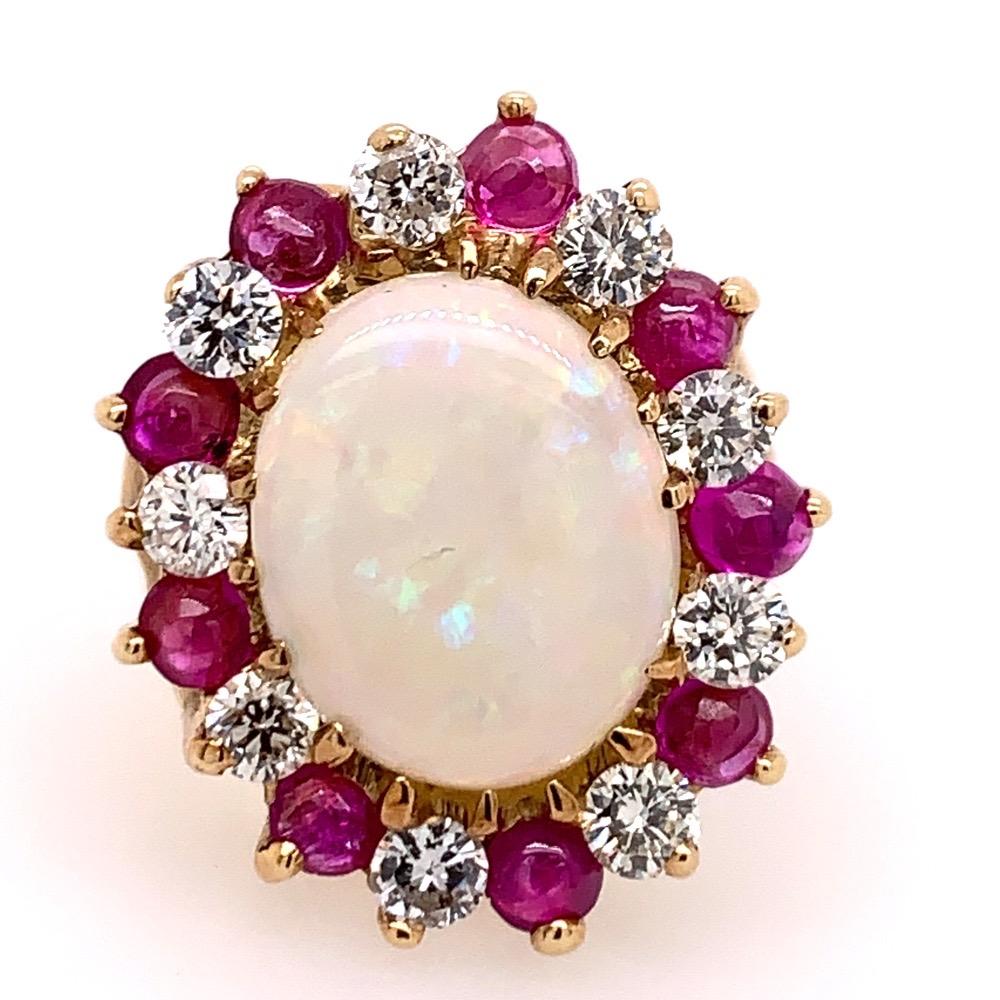 Retro Gold Ring Approx 6.22 Carat Natural Opal Diamond Ruby Gem Stone circa 1960 For Sale 1