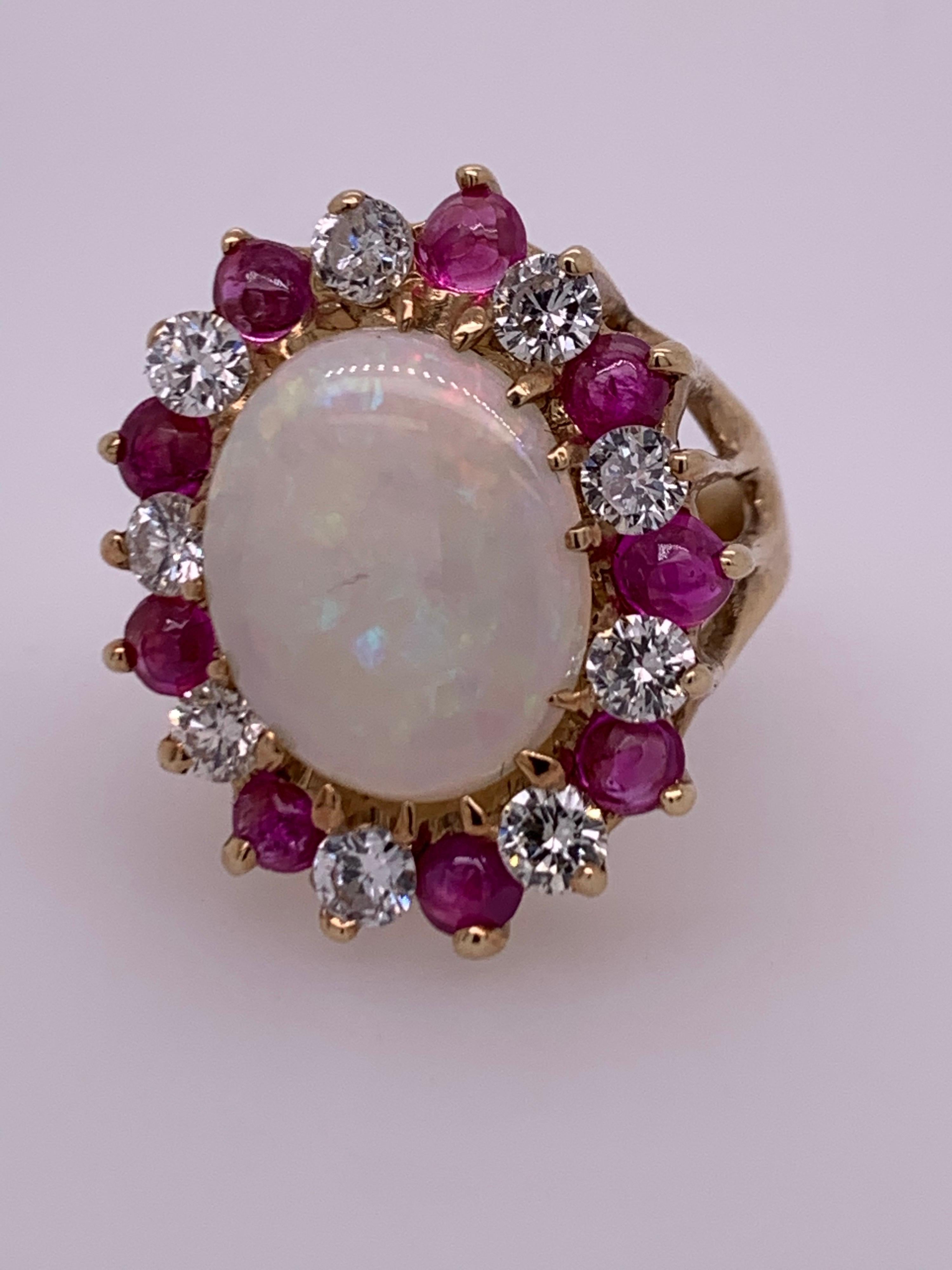 Retro Gold Ring Approx 6.22 Carat Natural Opal Diamond Ruby Gem Stone circa 1960 For Sale 2