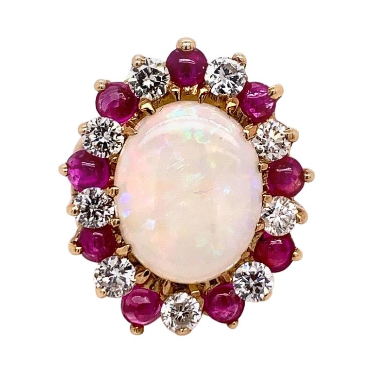 Retro Gold Ring Approx 6.22 Carat Natural Opal Diamond Ruby Gem Stone circa 1960