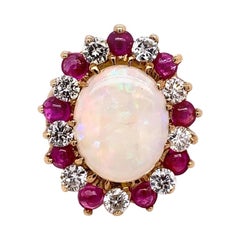 Retro Gold Ring Approx 6.22 Carat Natural Opal Diamond Ruby Gem Stone circa 1960