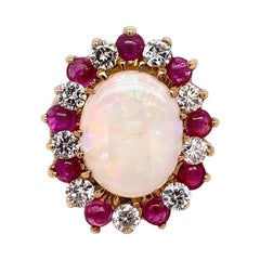 Vintage Gold Ring Approx 6.22 Carat Natural Opal Diamond Ruby Gem Stone circa 1960