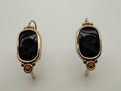 Retro Gold Roman Black Onyx Intaglio Earrings with Citrine 1985