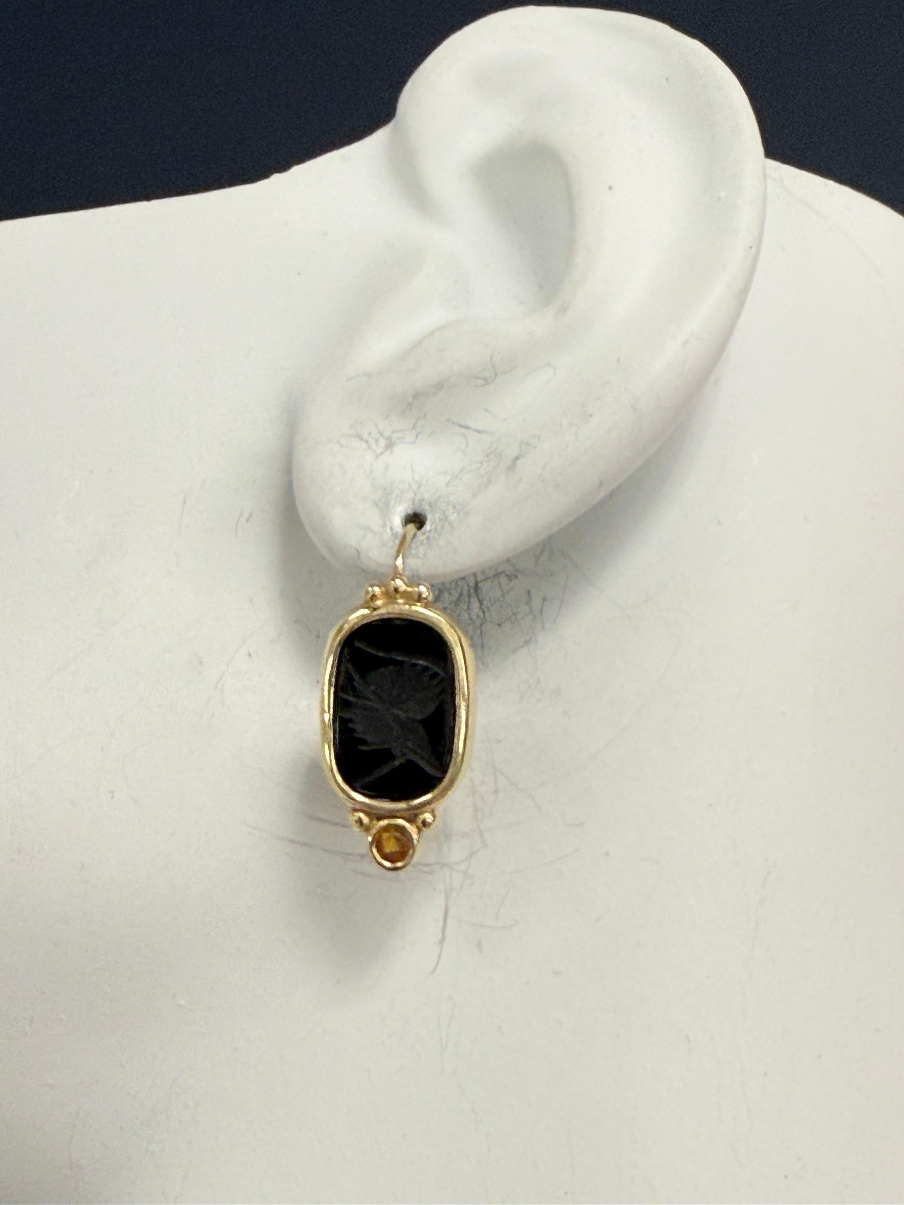 Retro Gold Römischer Schwarzer Onyx Intaglio-Ohrringe mit Citrin 1985 im Zustand „Gut“ im Angebot in Los Angeles, CA