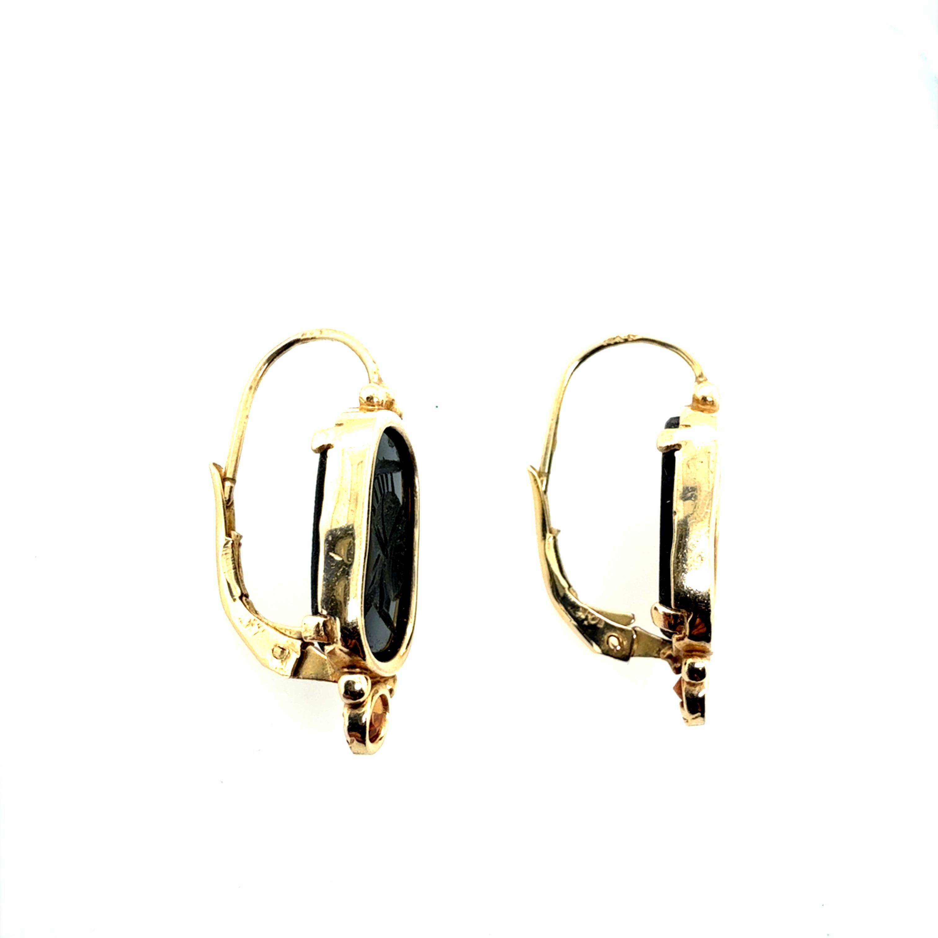 Retro Gold Römischer Schwarzer Onyx Intaglio-Ohrringe mit Citrin 1985 im Angebot 1