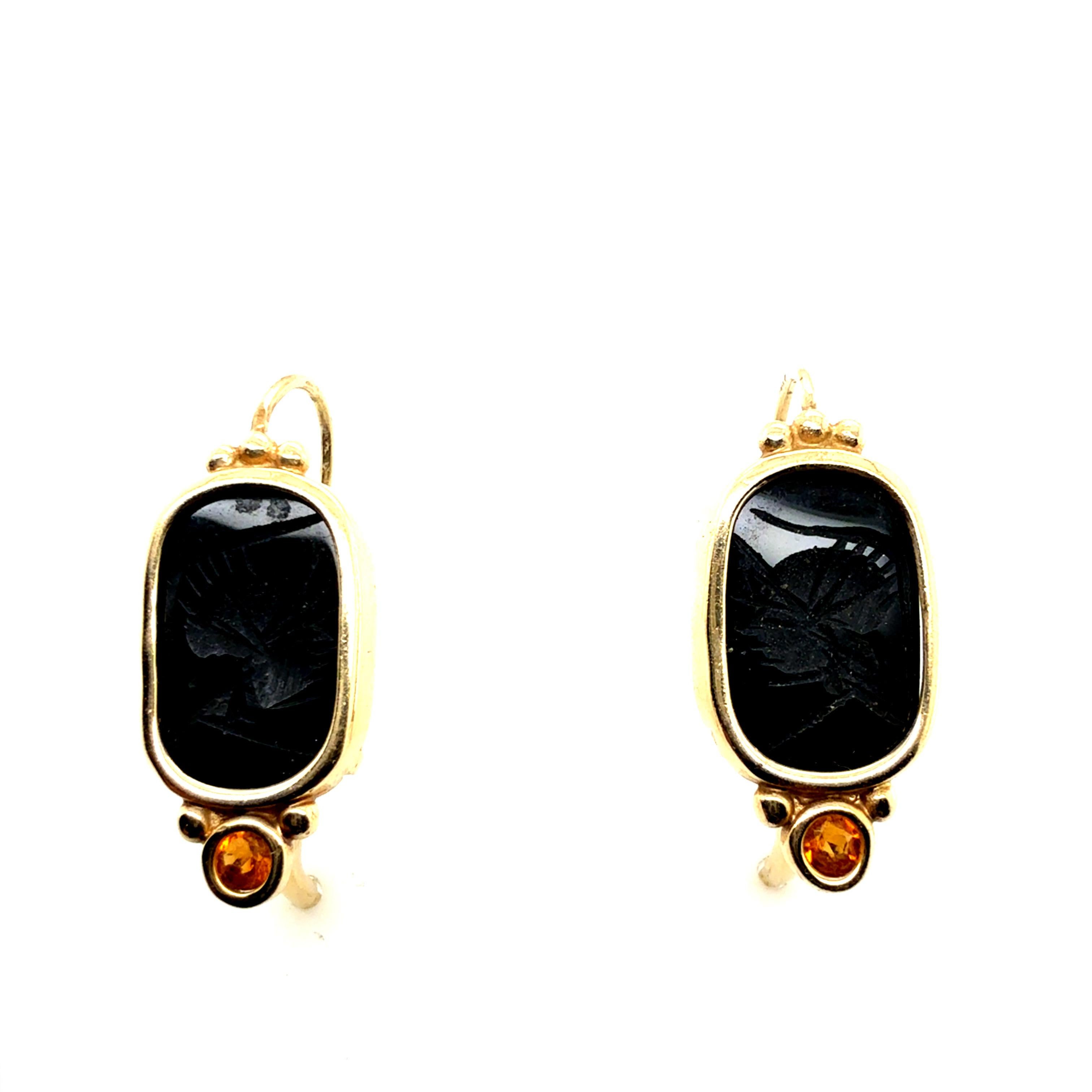 Retro Gold Römischer Schwarzer Onyx Intaglio-Ohrringe mit Citrin 1985 im Angebot 2