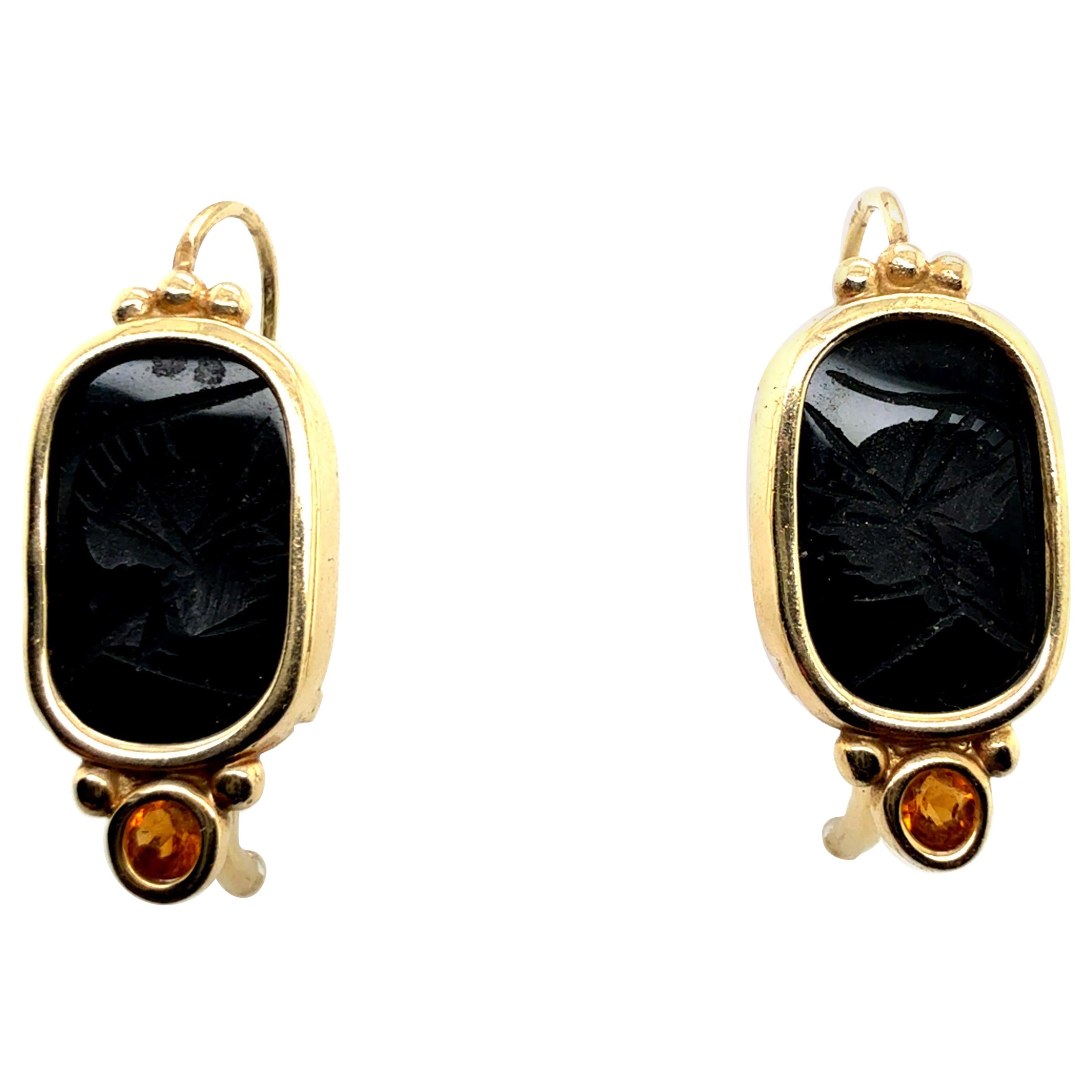 Retro Gold Römischer Schwarzer Onyx Intaglio-Ohrringe mit Citrin 1985
