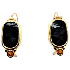 Retro Gold Roman Black Onyx Intaglio Earrings with Citrine 1985