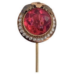 Retro Gold Round Pink Syn Sapphire Pearl Pin Circa 1960