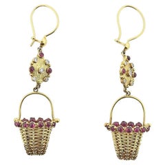 Retro Gold Ruby Diamond Basket Earrings