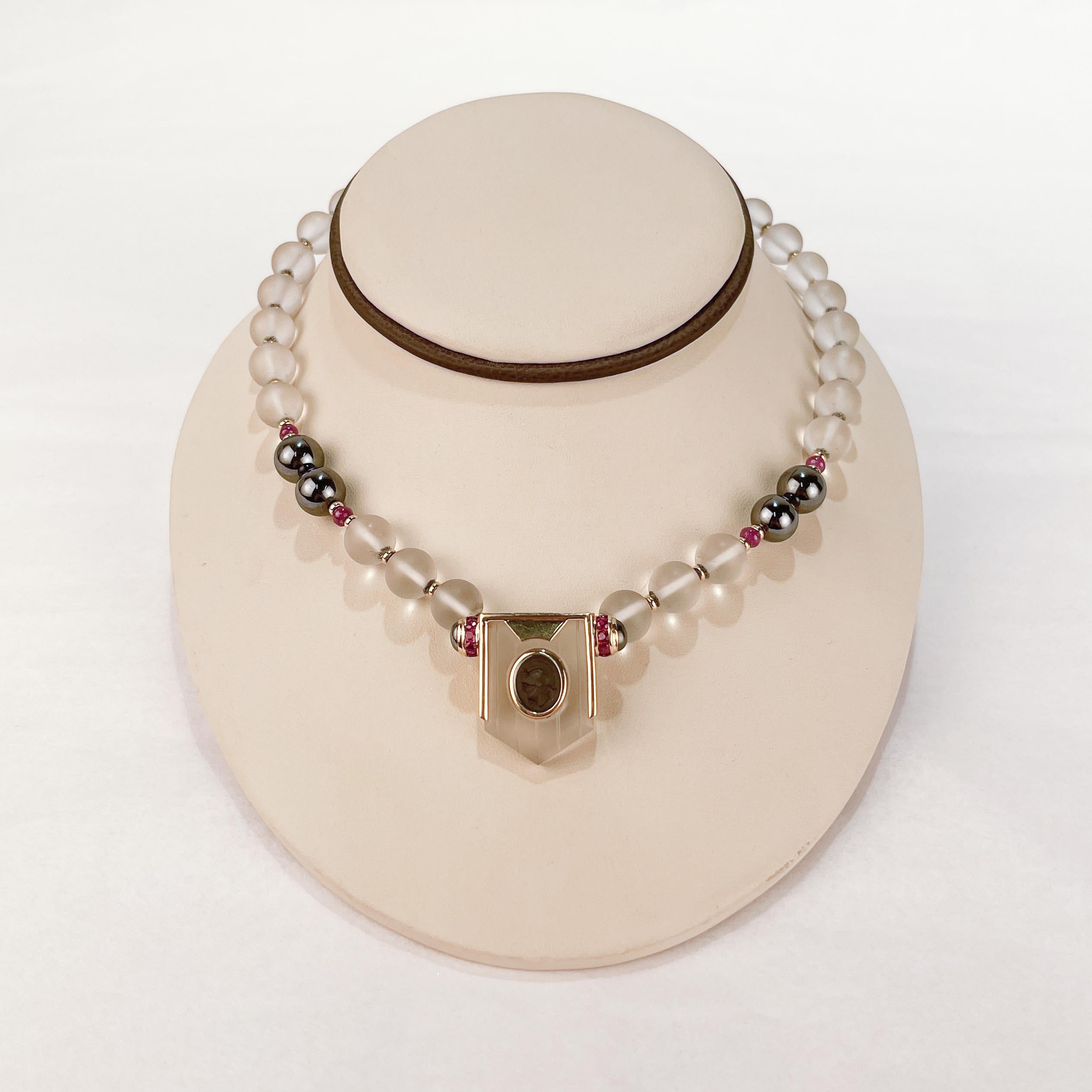 Retro Gold, Ruby, & Hematite Necklace with Frosted Glass Beads, 1980s 6