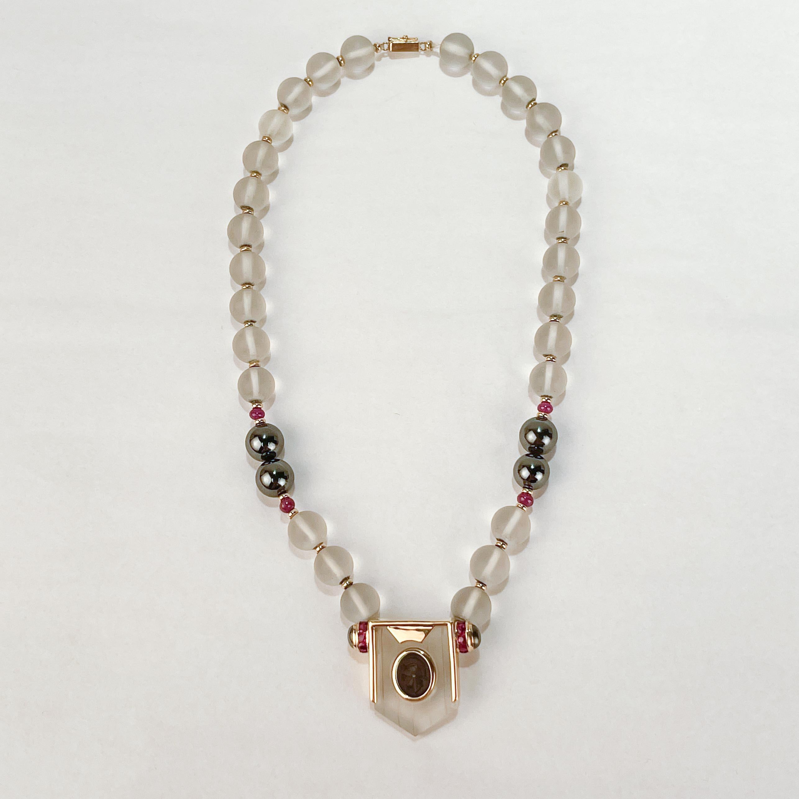 Retro Gold, Ruby, & Hematite Necklace with Frosted Glass Beads, 1980s 7