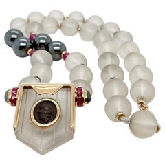 Retro Gold, Ruby, & Hematite Necklace with Frosted Glass Beads, 1980s