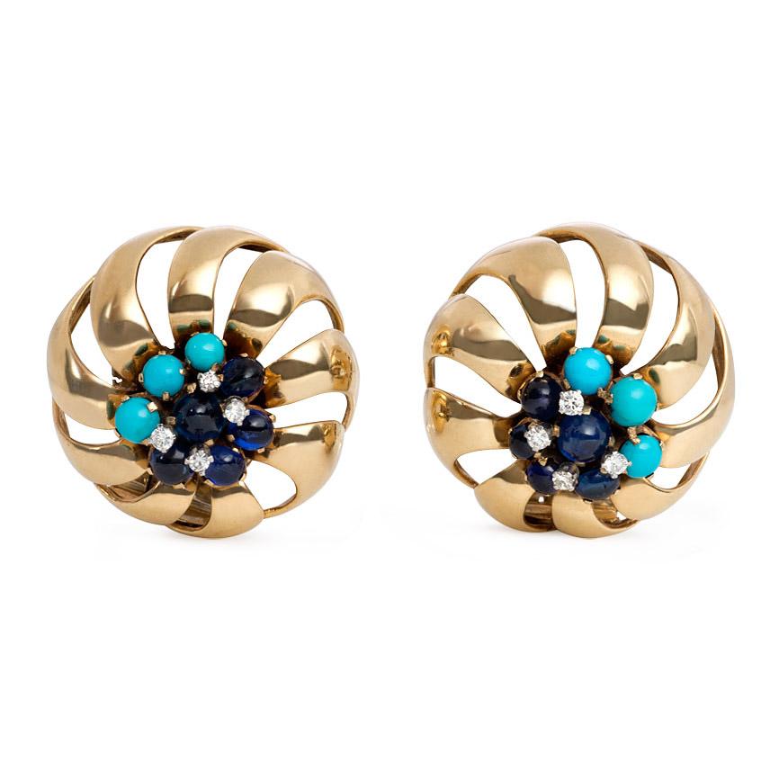 Retro Gold, Sapphire, Turquoise and Diamond Earrings 1