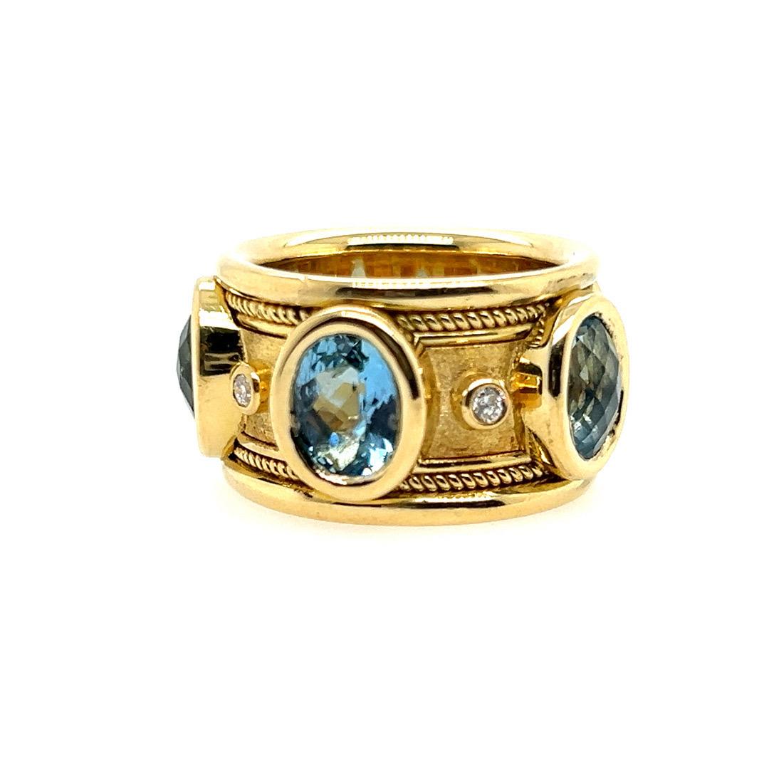 Oval Cut Retro Gold Signed Christoff Natural Swiss Blue Topaz Diamond Cocktail Band Ring For Sale