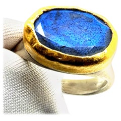 Retro Gold & Silver Blue Iridescent Labradorite Statement Ring Circa 1990