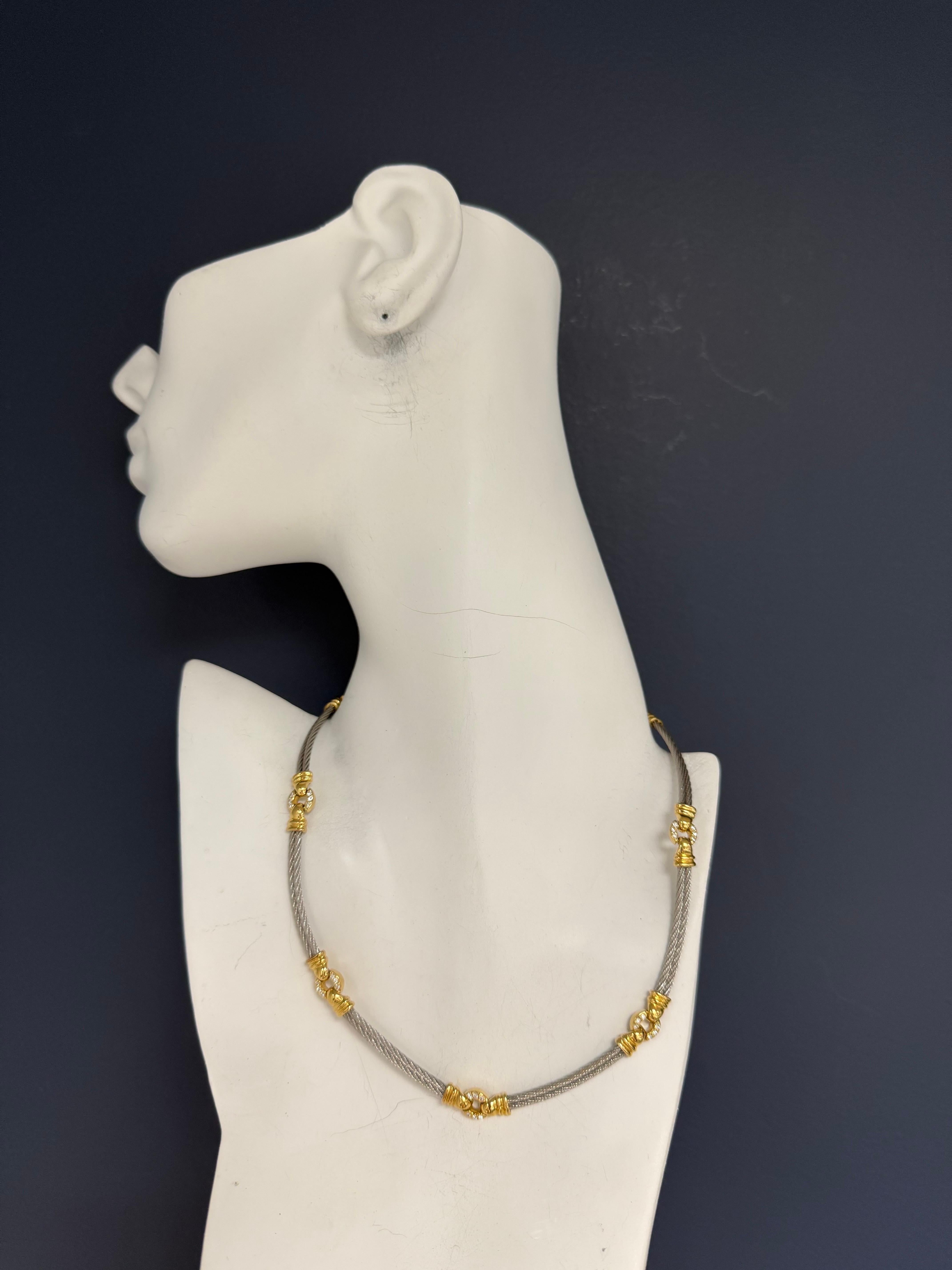 Taille ronde Retro Gold & Steel 0.6 Carat Natural Diamond Statement Necklace Circa 1985 en vente