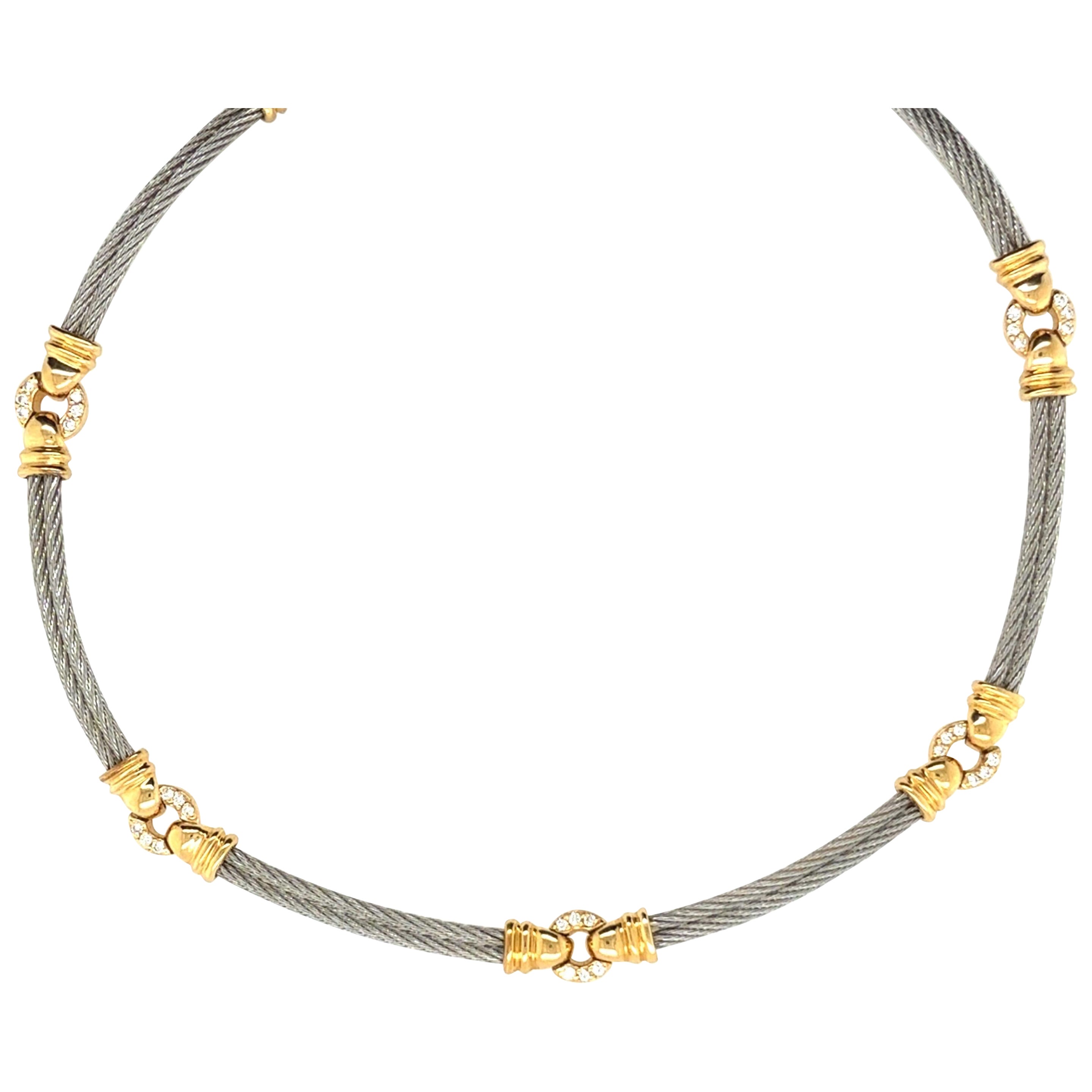 Retro Gold & Steel 0.6 Carat Natural Diamond Statement Necklace Circa 1985 en vente