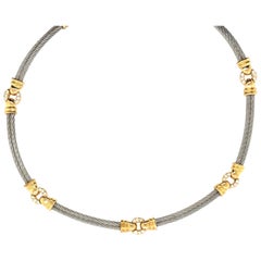 Retro Gold & Steel 0.6 Carat Natural Diamond Statement Necklace Circa 1985
