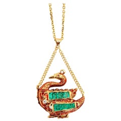 GIA Certified Gold Swan Pendant 6.50 Carat Natural Colombian Emerald Circa 1950