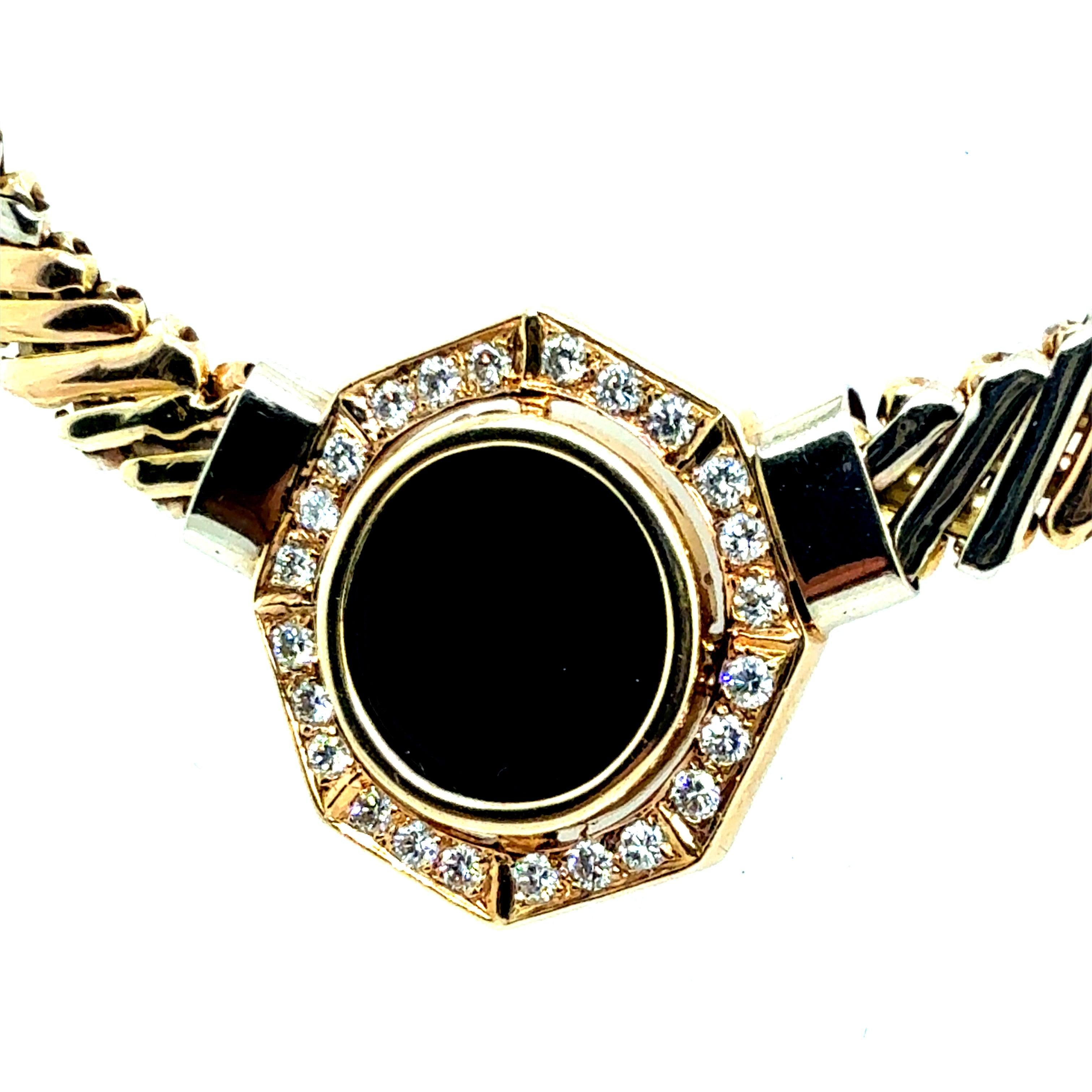 Women's Retro Gold Tri-Color 0.75 Carat Natural Diamond Onyx Statement Necklace Circle For Sale