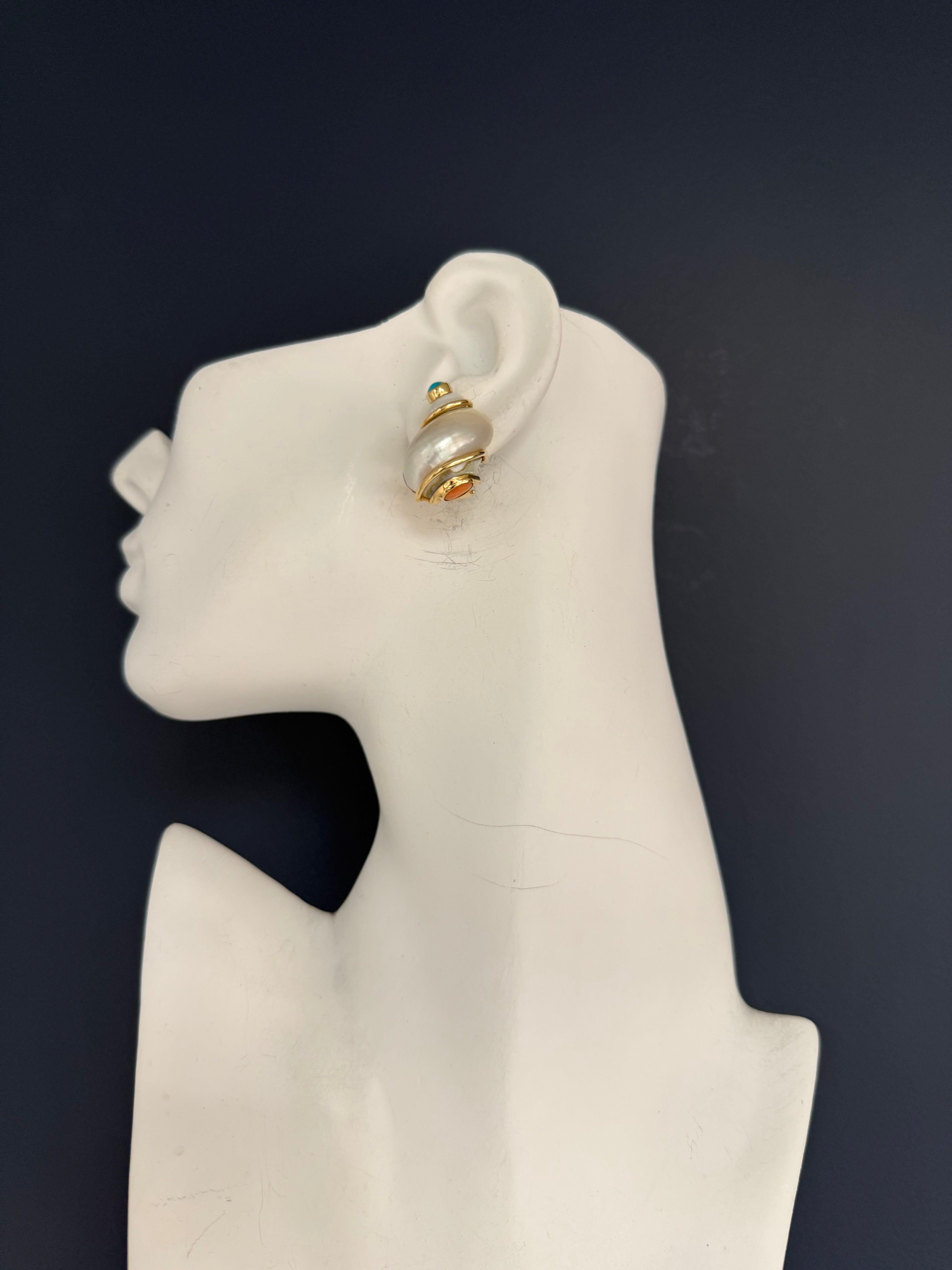 Cabochon Retro Gold Turbo Shell Turquoise & Coral Statement Earrings by Seaman Schepps For Sale