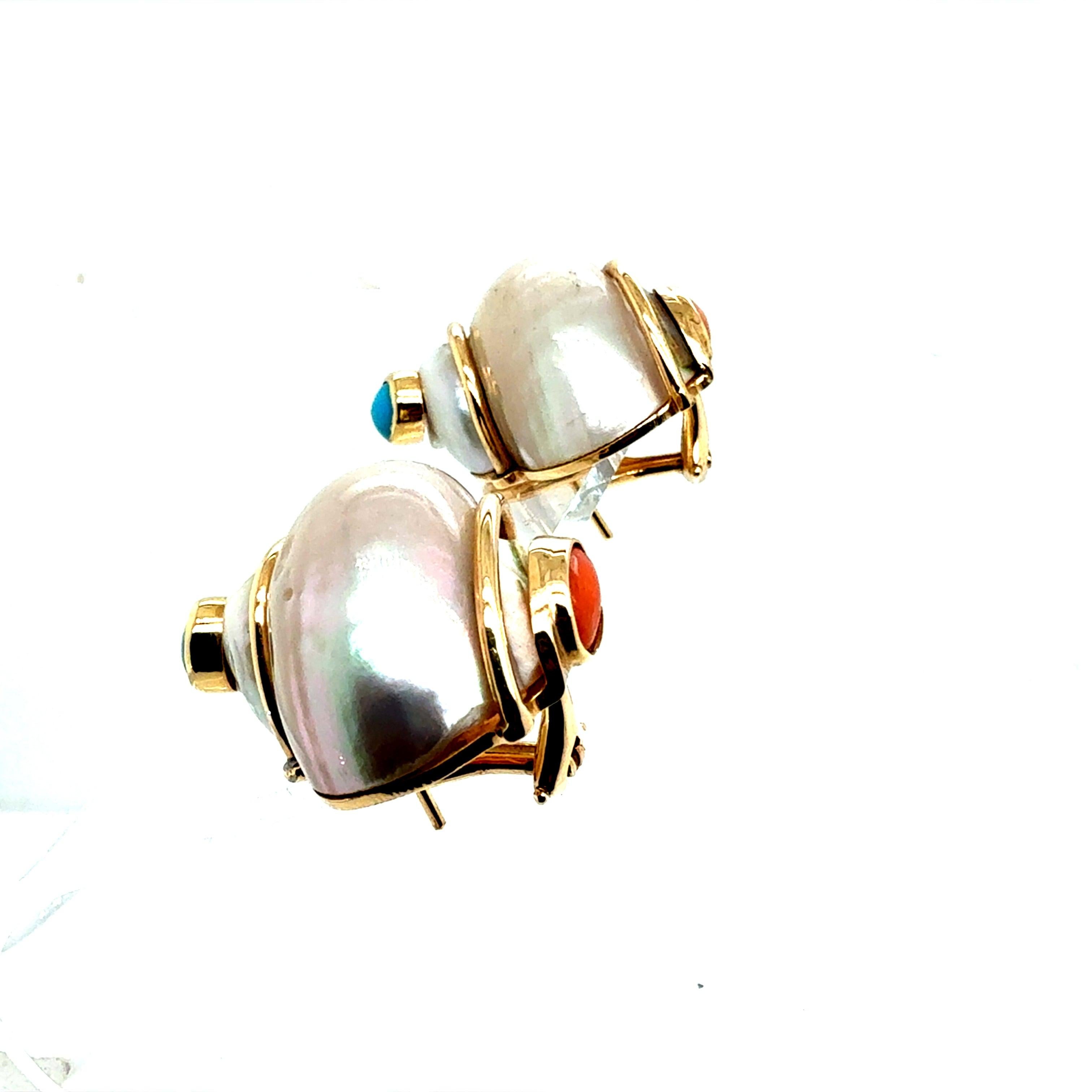 Retro Gold Turbo Shell Turquoise & Coral Statement Earrings by Seaman Schepps In Good Condition For Sale In Los Angeles, CA