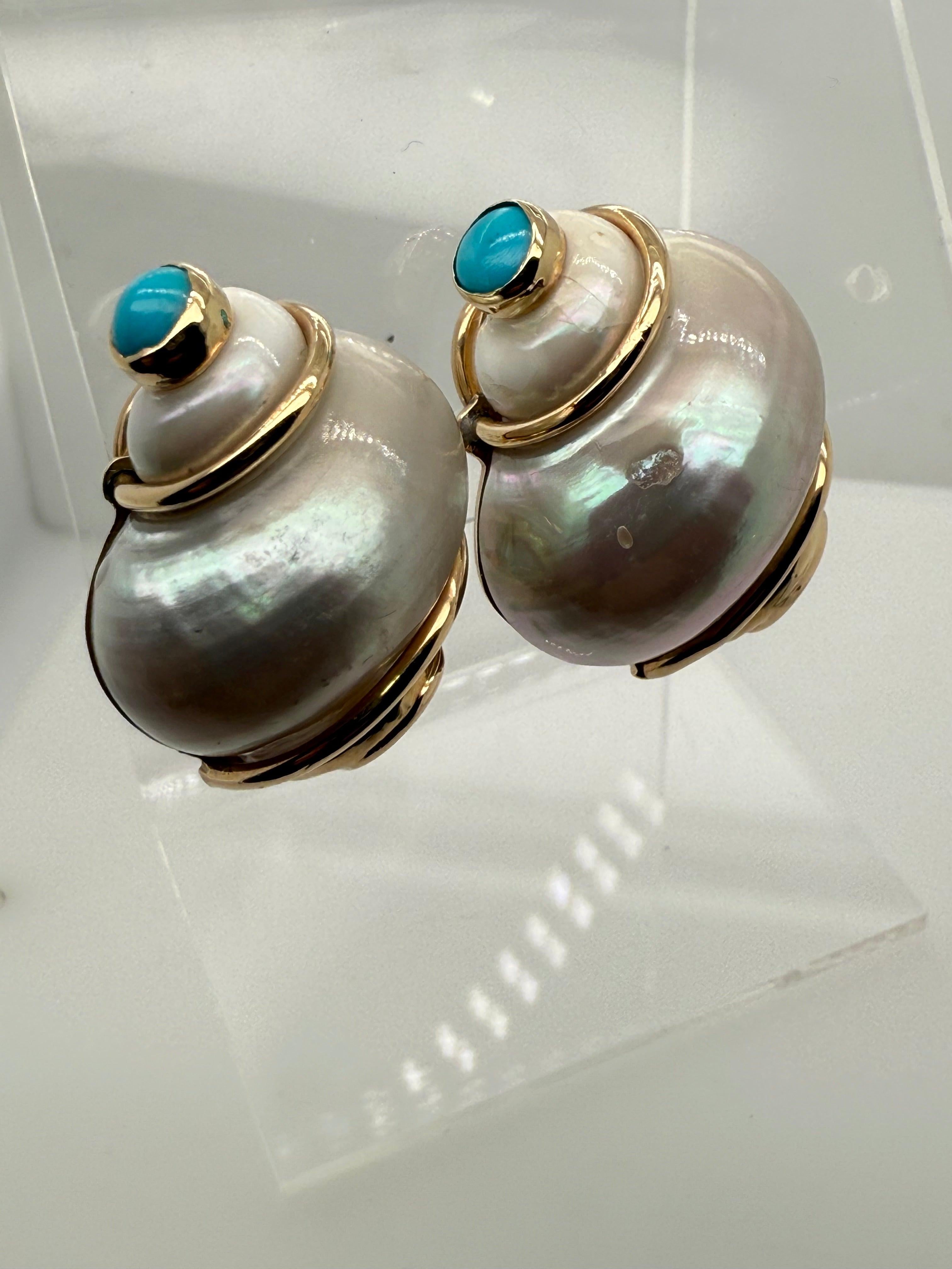 Women's Retro Gold Turbo Shell Turquoise & Coral Statement Earrings by Seaman Schepps For Sale