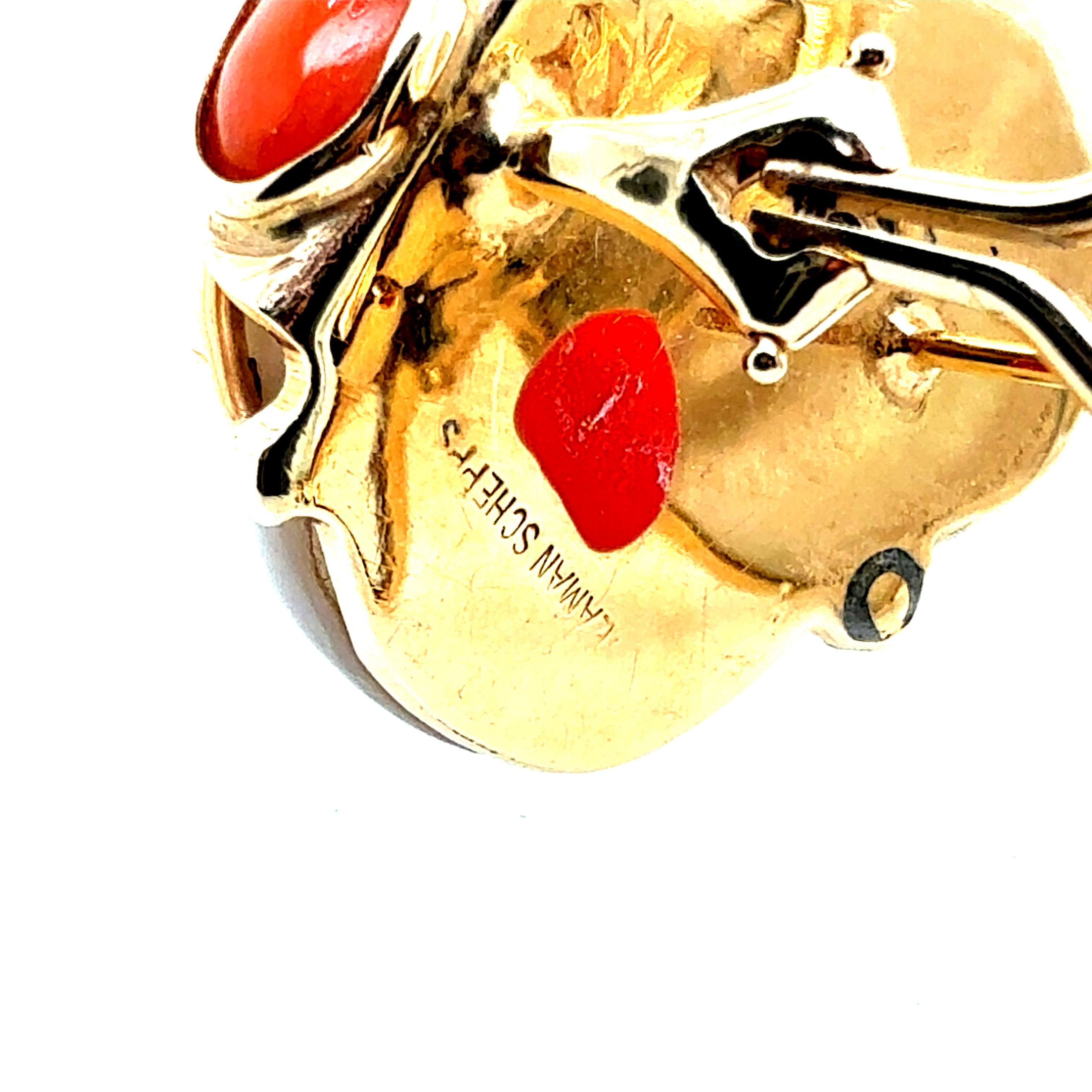 Retro Gold Turbo Shell Turquoise & Coral Statement Earrings by Seaman Schepps For Sale 3