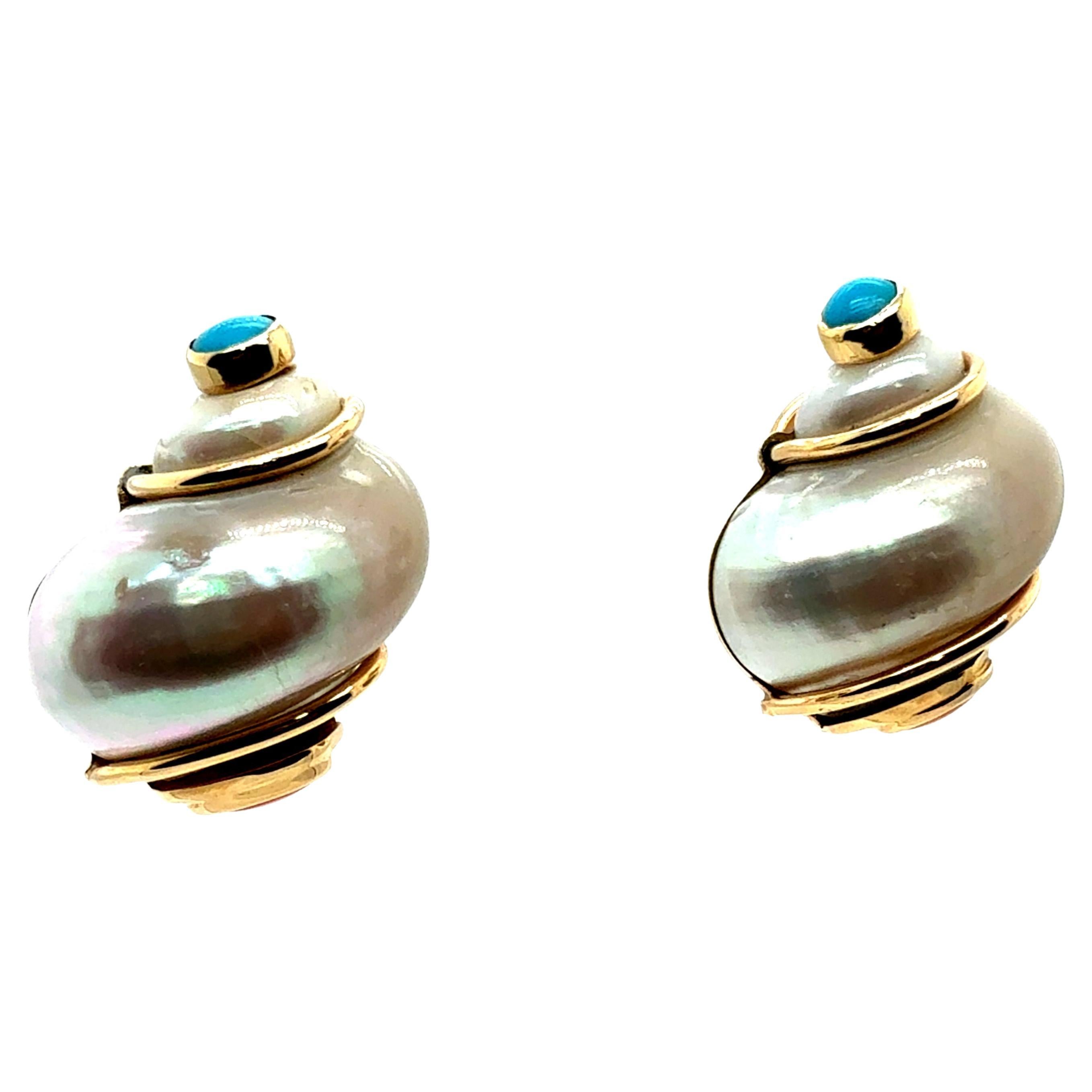 Retro Gold Turbo Shell Turquoise & Coral Statement Earrings by Seaman Schepps For Sale