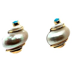 Retro Gold Turbo Shell Turquoise & Coral Statement Earrings by Seaman Schepps
