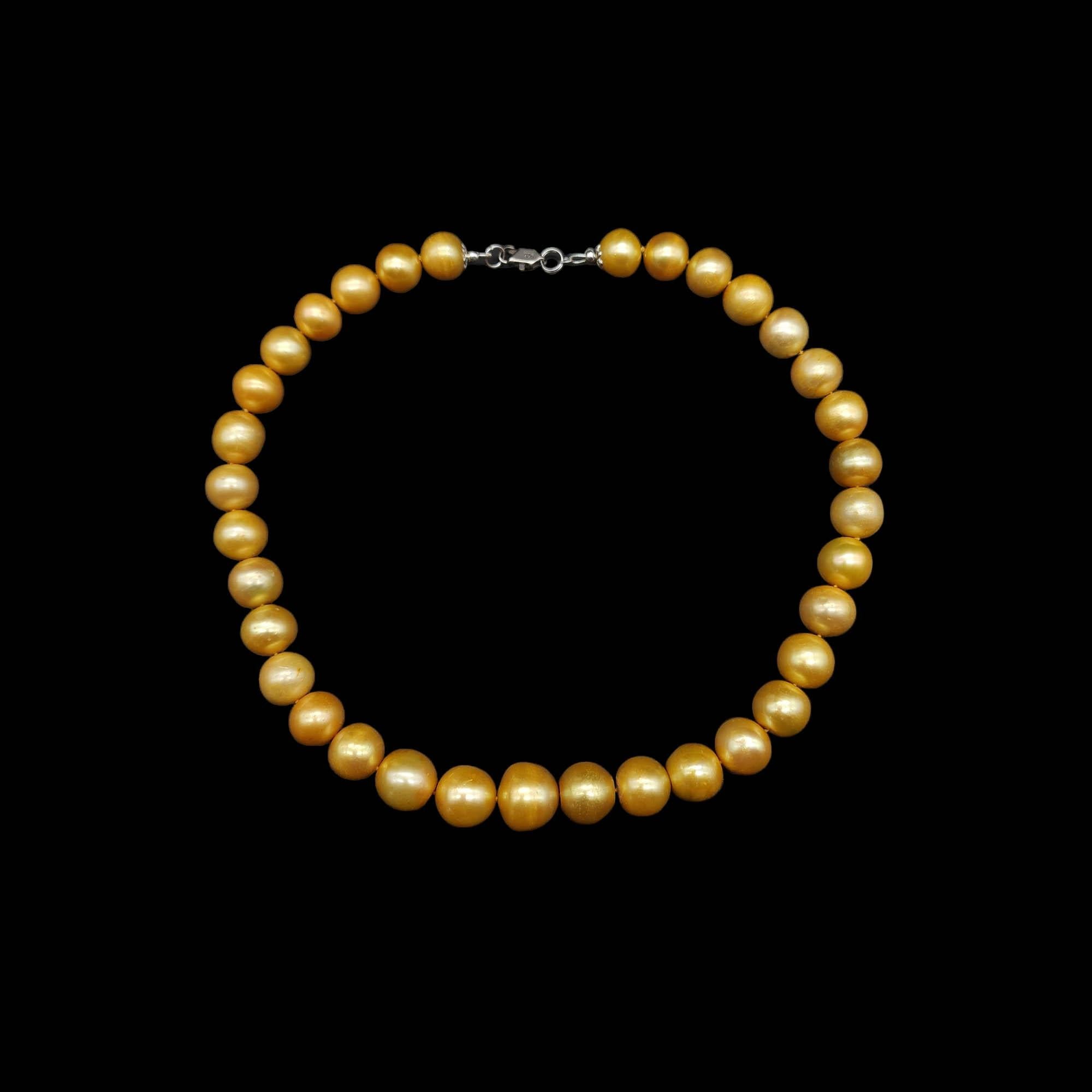 Bead Retro Graduated Golden Pearl Necklace with Sterling Silver Clasp For Sale