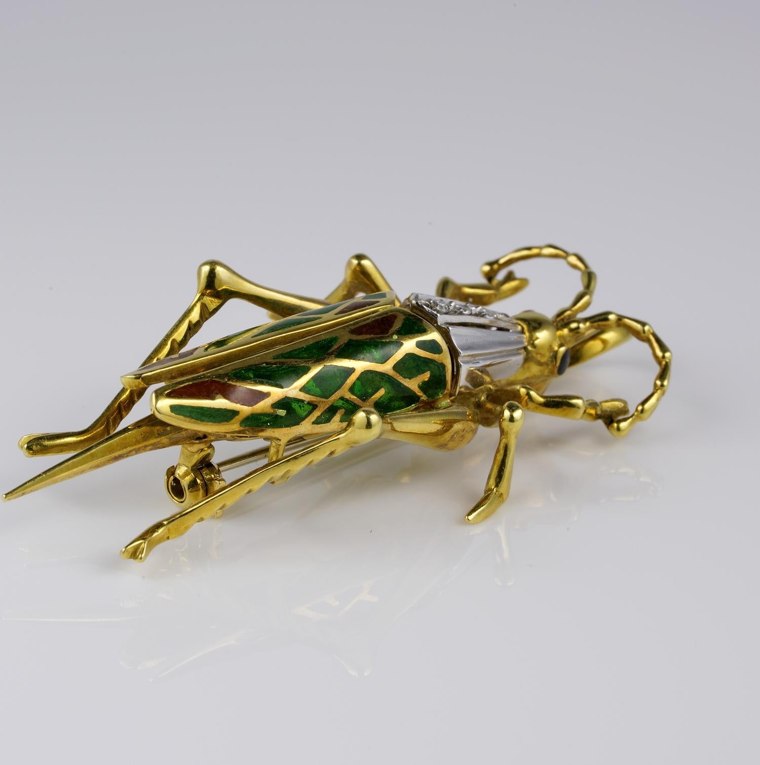 Retro Grasshopper Diamant-Plique a Jour-Anhänger-Brosche 18 KT Gold (Brillantschliff) im Angebot