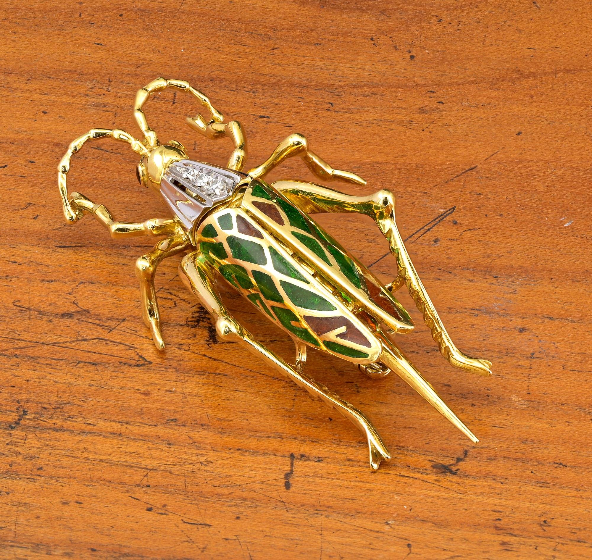 Brilliant Cut Retro Grasshopper Diamond Plique a Jour Pendant Brooch 18 KT Gold For Sale