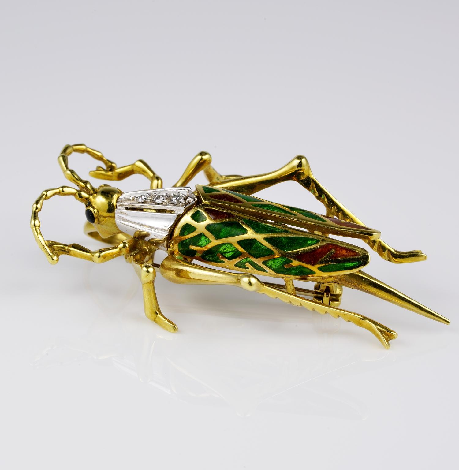 Retro Grasshopper Diamant-Plique a Jour-Anhänger-Brosche 18 KT Gold für Damen oder Herren im Angebot
