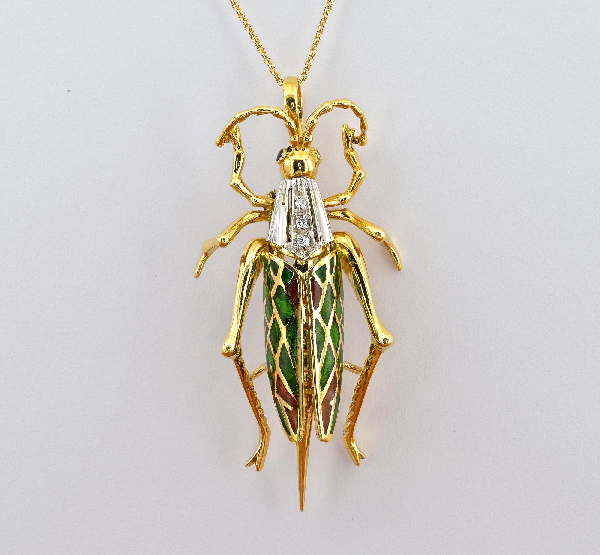 This superb Retro period Grasshopper brooch/ pendant is 18 KT gold platinum portions
1945 ca
Hand crafted by Italian past masters is a gorgeous realistic art work of colorful Green and Brown Plique a Jour enameling, realistically done like the real