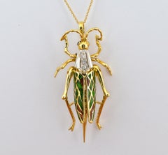 Retro Grasshopper Diamond Plique a Jour Pendant Brooch 18 KT Gold